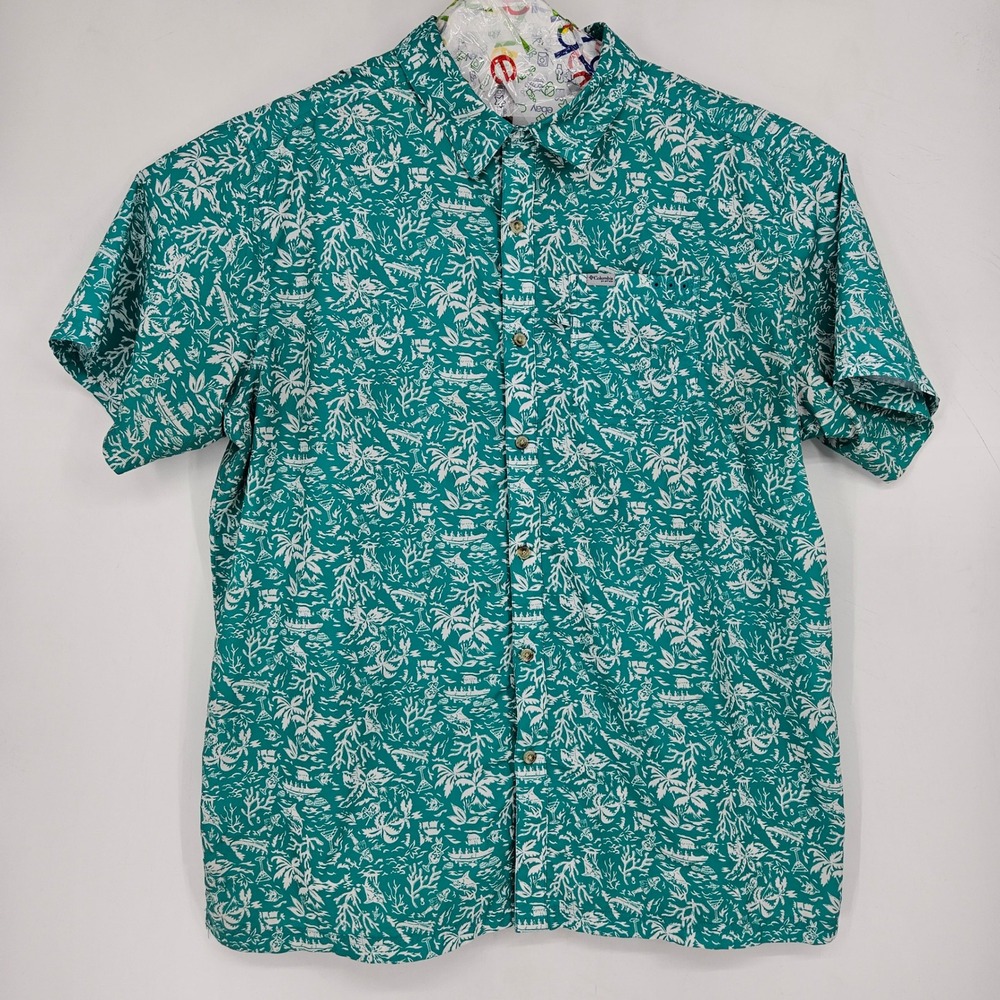 Columbia Shirt Mens 2X PFG Performance Fishing Green White AOP Omni Shade